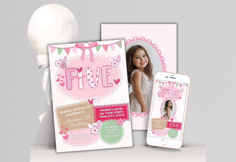 May include: Pink birthday party invitations with the word "FIVE" in a decorative font. The invitations include a photo of a young girl and party details. A smartphone displays the invitation design.