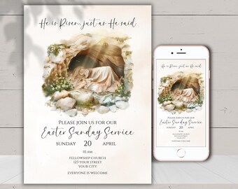 Osterkirche Einladung, anpassbare Ostersonntag Einladung, Kirche Event Flyer, digitaler Download, bearbeitbare Canva Vorlage, leeres Grab