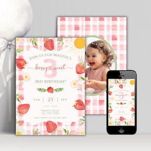 Invitation douce de 3e anniversaire de baies, invitation de partie de fille de 3 ans modifiable, modèle imprimable de fraise de troisième anniversaire, téléchargement immédiat