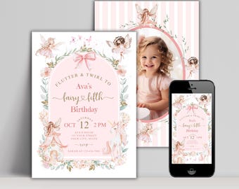 Fairy Fifth Birthday Invitation, Flutter and Twirl Theme, Editable Digital Invite, Girl's Magical 5th Birthday Party, Enchanted Celebration