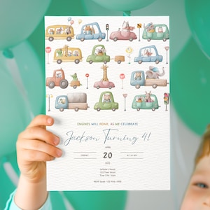 Editable Transportation 4th Birthday Invitation, Modern Vehicle Party Invite, Instant Download, Cars and Trucks, Perfect For Any Age