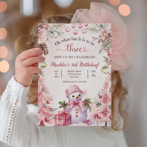 Oh What Fun It Is To Be Three 3rd Christmas Birthday Invitation, December Third Birthday Theme, Three Year Old Girl Winter Holiday Invite