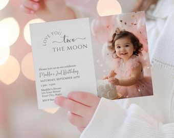 Love You Two The Moon 2nd Birthday Party Invitation, Digital Instant Download, 2 The Moon Invite, Editable Boy Birthday Invite Template