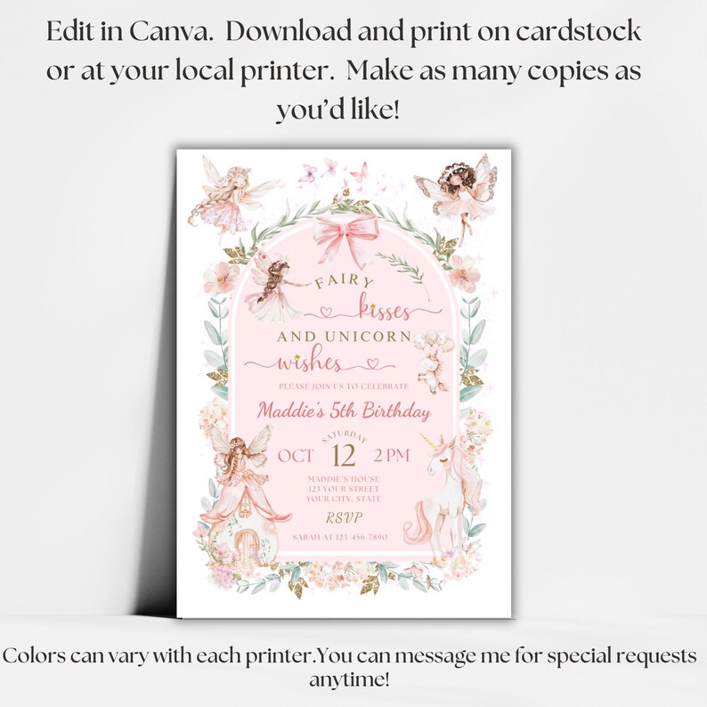 K&ouml;nnte beinhalten: Eine rechteckige Geburtstagseinladungskarte mit einem rosa Bogenrahmen, der mit floralen Elementen, Feen und einem Einhorn verziert ist. Der Text lautet Fairy kisses and unicorn wishes, Please join us to celebrate, Maddie's 5th Birthday, Oct 12 2pm.