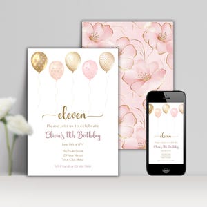 11th Birthday Invitation, Editable Pink Gold Glitter Birthday Party Invite, Instant Download, Eleven Invite, Canva Printable Template