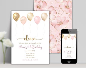 11th Birthday Invitation, Editable Girl Birthday Party Invite, Instant Download