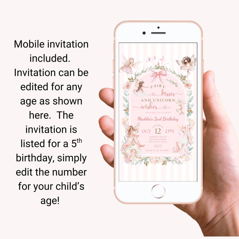 K&ouml;nnte beinhalten: Eine digitale Geburtstagseinladung auf einem Smartphone-Bildschirm mit hellrosa gestreiftem Hintergrund, Blumenbogen, Feen und einem Einhorn. Der Text lautet Fairy Kisses and Unicorn Wishes, Maddie's 2nd Birthday, Saturday Oct 12 2PM.