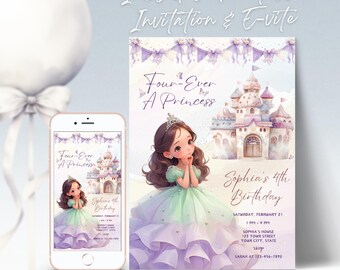 Födelsedagsinbjudan till Four Ever A Princess, redigerbar 4-årsdagsinbjudan, magiskt slottsfest, digital nedladdning, utskrivbar mall, CPD04