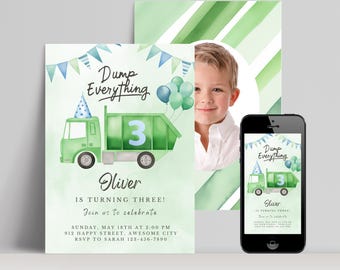 Garbage Truck 3rd Birthday Invitation - Dump Everything Party - Trash Bash Theme - Instant Digital Download - Editable Any Age