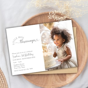 Little Miss Threenager 3rd Birthday Invitation Canva Template With Photo, Editable Funny Third Birthday Party Invite, Instant Download