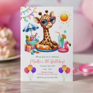 Kids Pool Party Birthday Invitation, Summer Text Invite, Girl 4th Birthday Invite, Canva Template, Instant Download, Digital Download