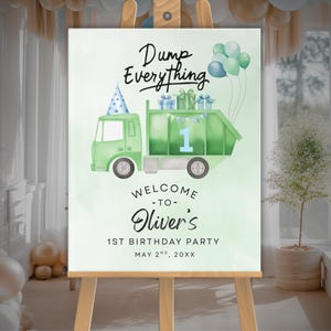 Garbage Truck 1st Birthday Welcome Sign, Editable Party Decor, Printable Kids Birthday, Trash Bash Celebration, Trash Truck Custom Sign