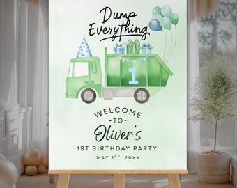 Müllwagen 1. Geburtstag Willkommensschild, bearbeitbares Partydekor, druckbarer Kindergeburtstag, Trash Bash-Feier, benutzerdefiniertes Schild für Müllauto