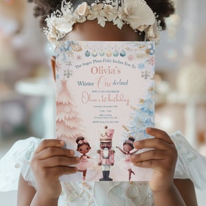 Pink Nutcracker 1st Birthday Invitation, Editable Printable Girl First Birthday Party, Christmas Winter Wonderland Theme, Instant Download