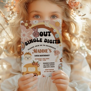 Peace Out Single Digits Girls Birthday Invitation, Editable 10th Birthday Invitation, Peace Sign, Printable Instant Download, Hippie Invite