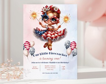Little Firecracker First Birthday Invitation, Patriotic Girl 1st Birthday Invite, Fourth of July Birthday, Editable Template
