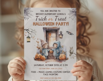 Volantino modificabile "dolcetto o scherzetto", invito fai da te per la festa di Halloween, eventi della comunità del quartiere scolastico, download immediato, idee per il "dolcetto o scherzetto"