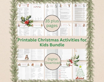 May include: A digital download of printable Christmas activities for kids. The image shows a collage of various worksheets, games, and activities, including a word search, a snowman scramble, a Christmas fairy challenge, a gingerbread guessing game, and a Christmas tree maze. The text "35 plus pages" is visible in the center of the image.