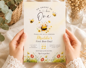 So Sweet to Bee One Birthday Invitation, Printable Bee First Birthday Invite, Bumble Bee Birthday Invitation, Editable Canva Template