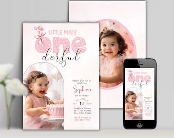 Invitación para el primer cumpleaños de la pequeña señorita Onederful, invitación editable para el primer cumpleaños de una niña en rosa ruborizado, plantilla imprimible, descarga instantánea