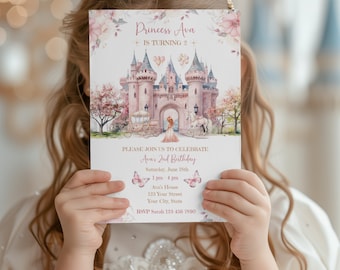 Editable Princess 2nd Birthday Invitation With Photo, Pink Castle Princess Party, Canva Template, Instant Download, Girl Second Birthday