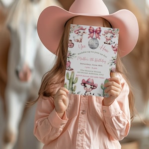 Editable Pink Disco Cowgirl 4th Birthday Invitation, Girl Rodeo Party, Printable Pink Rhinestone Invite, Instant Download, Canva Template