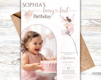 Fairy First 1st Birthday Party Invite, Editable Girl Enchanted Magical Invite With Photo, Blush Pink Canva Template, Instant Download