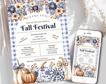 Fall Festival Invitation, Editable Harvest Festival Invite, Customizable Autumn Community Party Flyer, Instant Download, School Fundraiser