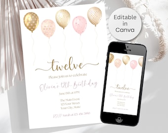 Editable 12th Birthday Invitation, Minimalist Twelve Party Celebration, Tween Canva Birthday Invite, 12 Year Old Birthday, Instant Download