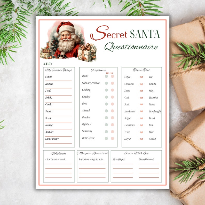 Secret Santa Questionnaire Printable Christmas Secret Santa Christmas ...