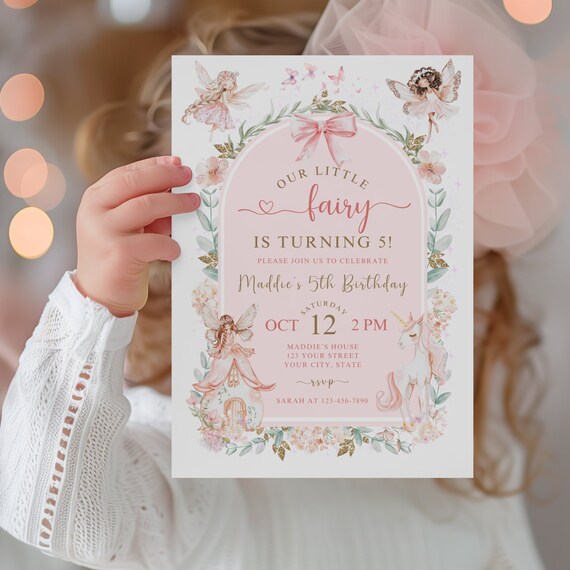 Editable Fairy 5th Birthday Invitation, Fairy Unicorn Magic Party, Magical Birthday, Custom Text, Printable Digital File, Instant Download