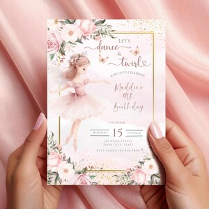 Editable Ballerina 4th Birthday Invitation - Dance & Twirl Theme - Instant Download - Customizable Printable Canva Template, Ballet Dancer