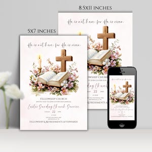 Editable Easter Sunday Church Invitation, He Is Risen Resurrection Sunday Flyer, Instant Digital Download, Printable Invite, Mobile Template