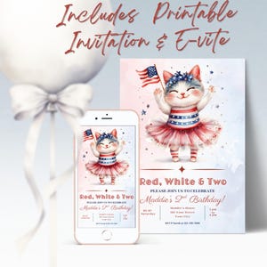 Editable Red White and Two 2nd Birthday Invitation, 4th of July Second Birthday Invite, Instant Download, Patriotic Red White Blue Theme