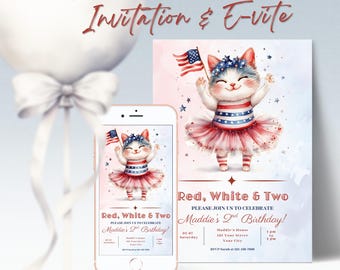 Editable Red White and Two 2nd Birthday Invitation, 4th of July Second Birthday Invite, Instant Download, Patriotic Red White Blue Theme