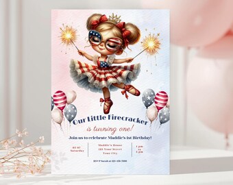 Little Firecracker First Birthday Invitation, Patriotic Girl 1st Birthday Invite, Fourth of July Birthday, Editable Template
