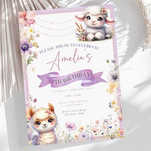 Pastel Farm 7th Birthday Invitation | Barn Animals Party Invite Template | Ranch Kids Birthday | Floral Barnyard Animals | Instant Download
