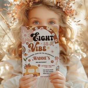 Editable Eight is a Vibe Birthday Invitation, Rainbow Retro 8th Birthday Invite, Canva Instant Download, Hippie Daisy 70s Peace theme