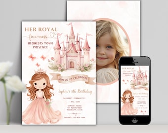 Ihre königliche Fünfheit bearbeitbare 5. Geburtstagseinladung, Prinzessin Party einladen, sofortiger Download, Aquarell magisches Kronen-Märchen-Design