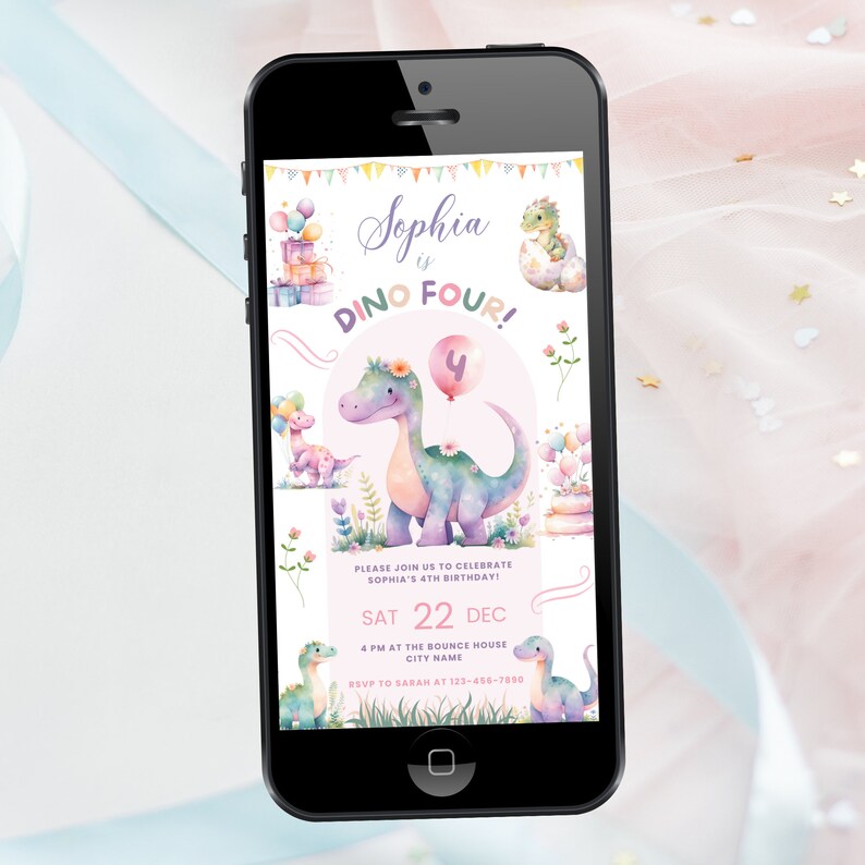 Pastel Dinosaur Invitation Girl 4th Birthday Dino Four Birthday Party