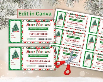 May include: Printable Christmas gift coupon template with a green and red striped background. The coupon features a Christmas tree illustration and the text "Merry Christmas! This coupon is good for one" and "Type Gift Here" or "Weekend Getaway".