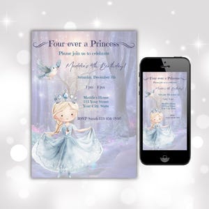 Magical Four Ever A Princess 4th Birthday Invitation, Editable Princess Invite, Instant Download, Enchanting Royal Celebration Winter Theme