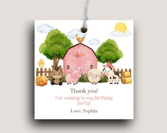 Editable Farm Birthday Party Thank You Tag Template, Printable Barnyard Animals Birthday Party Favor Tags, Digital Download, Canva Template