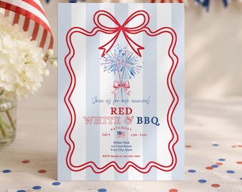 Red White and BBQ Invitation Template, 4th of July BBQ Invite, Patriotic Cookout Party, Editable Printable Invitation