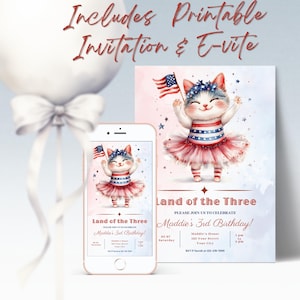 4th of July Birthday Invitation, Editable Land of the Three 3rd Birthday Party Invite, Patriotic Red White Blue Template, Digital Download