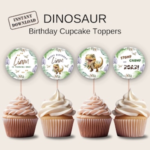 Dinosaurier Cupcake Toppers druckbare, bearbeitbare Jungen 1. Geburtstag Party Dekoration, erster Geburtstag Junge, sofortiger Download, Dino Thema Canva Vorlage