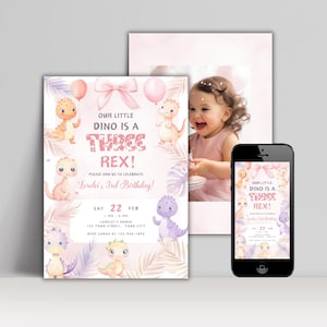 Editable Three Rex 3rd Birthday Invitation, Cute Dino Decor, Printable Girl T Rex Pink Invite, Customizable Instant Digital Download