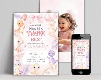 Editable Three Rex 3rd Birthday Invitation, Cute Dino Decor, Printable Girl T Rex Pink Invite, Customizable Instant Digital Download
