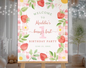 Panneau de bienvenue pour le premier anniversaire des baies, décoration de fête d'anniversaire imprimable aux fraises, affiche modifiable pour le 1er anniversaire, panneau personnalisé fille