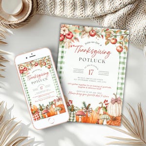 May include: Thanksgiving potluck invitation with a fall theme. The design features pumpkins, apples, and floral elements. The invitation is on a white background with a green gingham border. A smartphone displays the same invitation.
